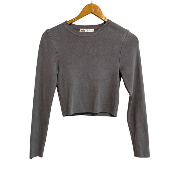 Zara Gray Ribbed Long Sleeve Cropped Fitted Sweater Top - Picture 1 of 5